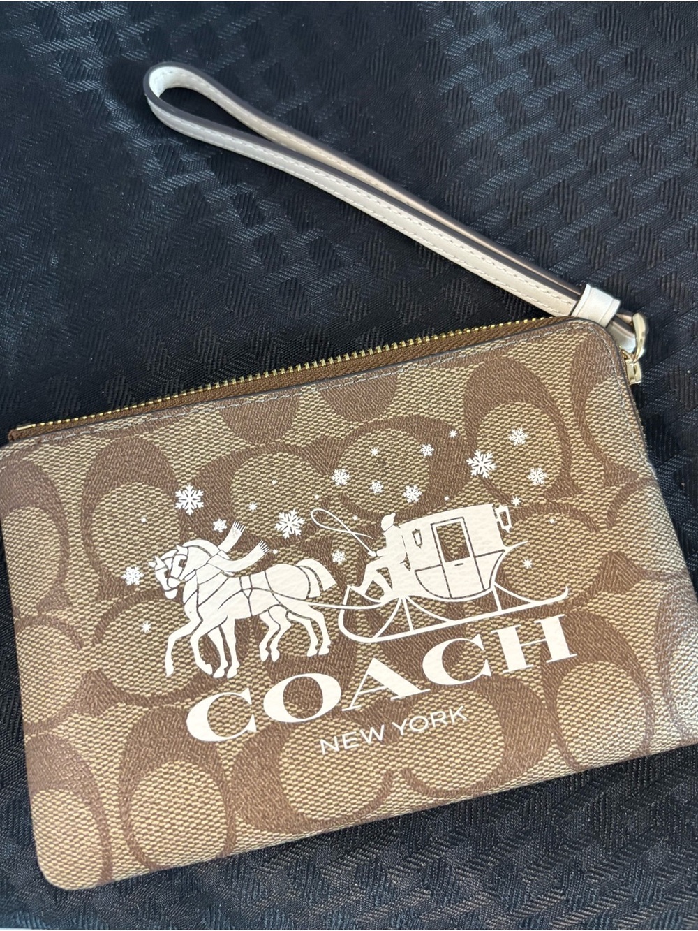 Coach Brown Signature Canvas Wristlet with White Holiday Coach Print